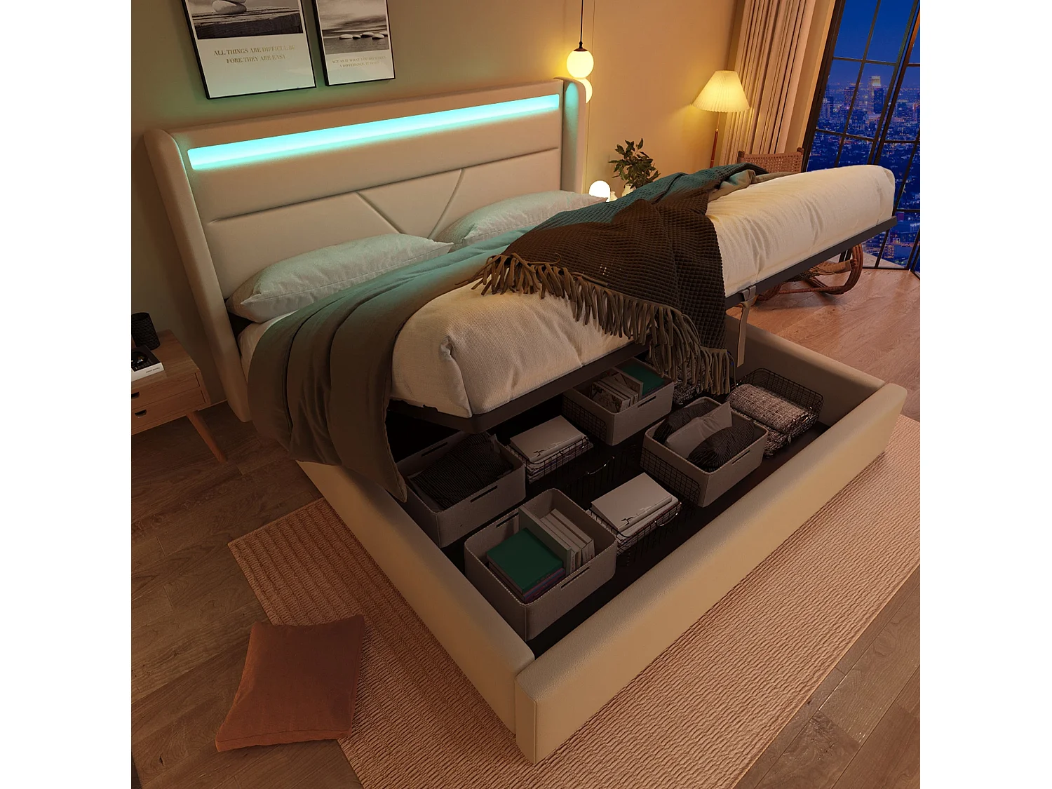Lit double capitonné 160x200 cm, PU blanc, avec LED télécommandé et rangement hydraulique, sans matelas