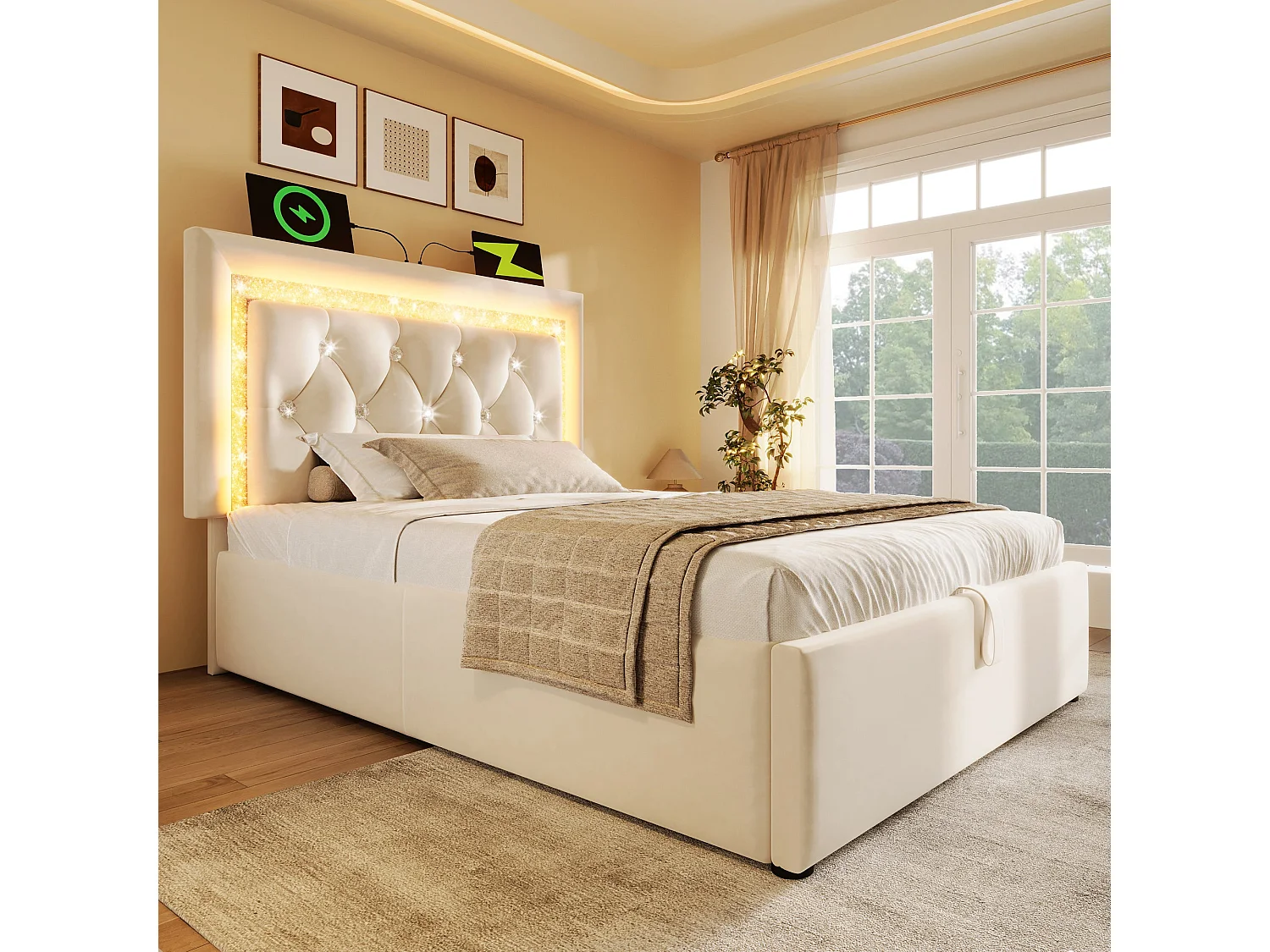 Lit 2 places capitonné 140x200 cm, velours beige, avec LED diamant, ports USB et Type-C, rangement hydraulique, sans matelas