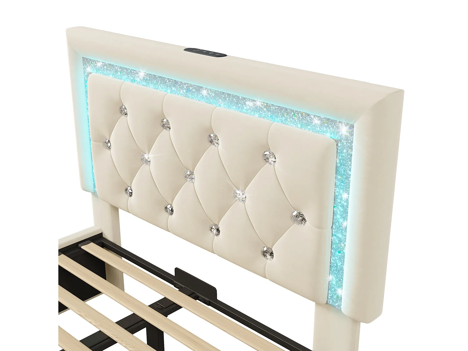Lit 2 places capitonné 140x200 cm, velours beige, avec LED diamant, ports USB et Type-C, rangement hydraulique, sans matelas