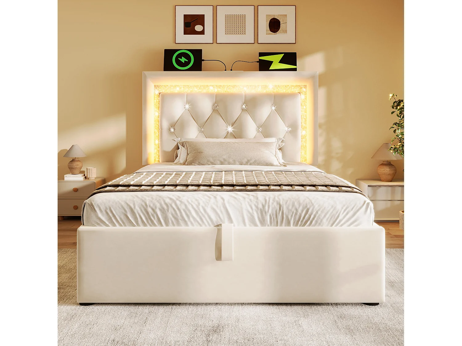 Lit 2 places capitonné 140x200 cm, velours beige, avec LED diamant, ports USB et Type-C, rangement hydraulique, sans matelas