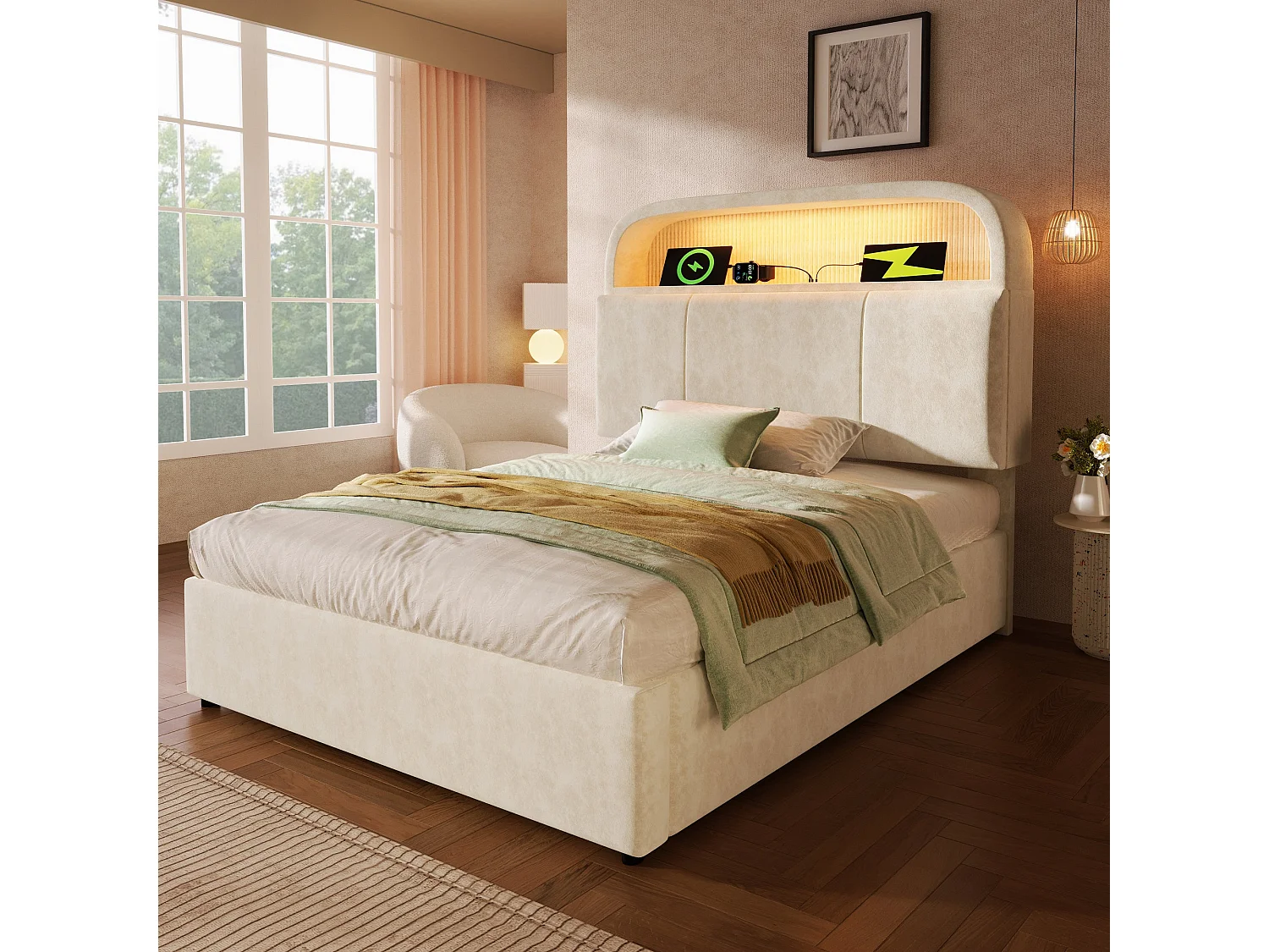 Lit double capitonné 140x190 cm, velours beige, avec LED télécommandé, 3 ports USB et Type-C, rangement hydraulique, sans matelas