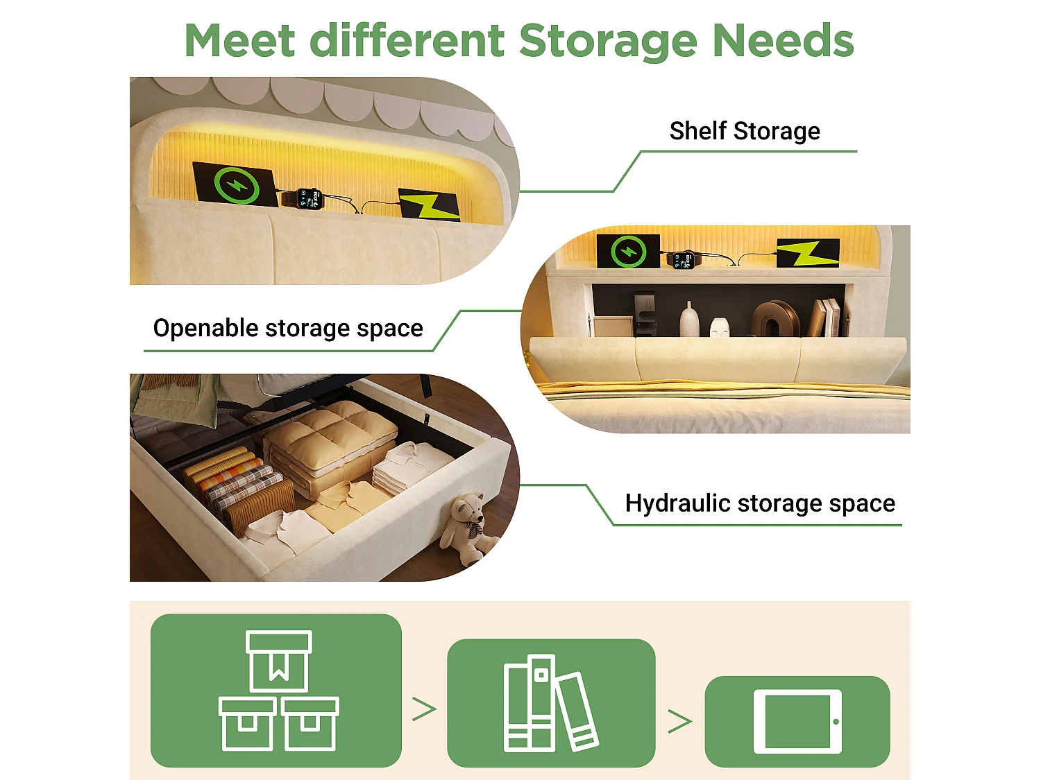 Lit double capitonné 140x190 cm, velours beige, avec LED télécommandé, 3 ports USB et Type-C, rangement hydraulique, sans matelas