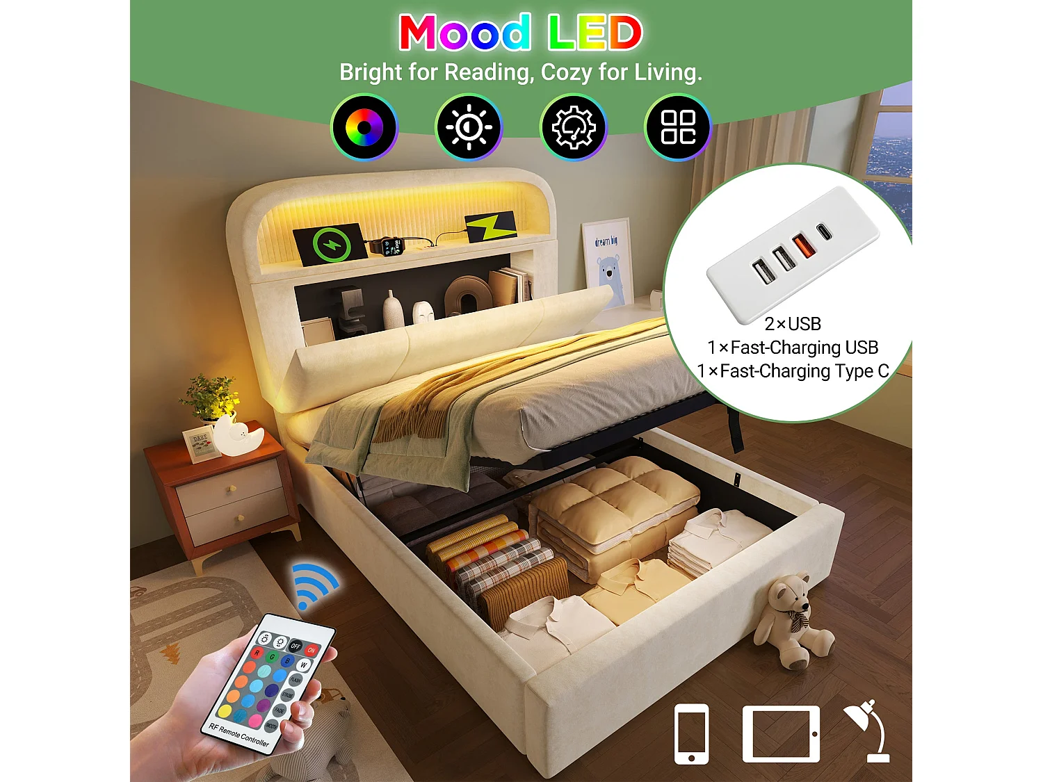 Lit double capitonné 140x190 cm, velours beige, avec LED télécommandé, 3 ports USB et Type-C, rangement hydraulique, sans matelas