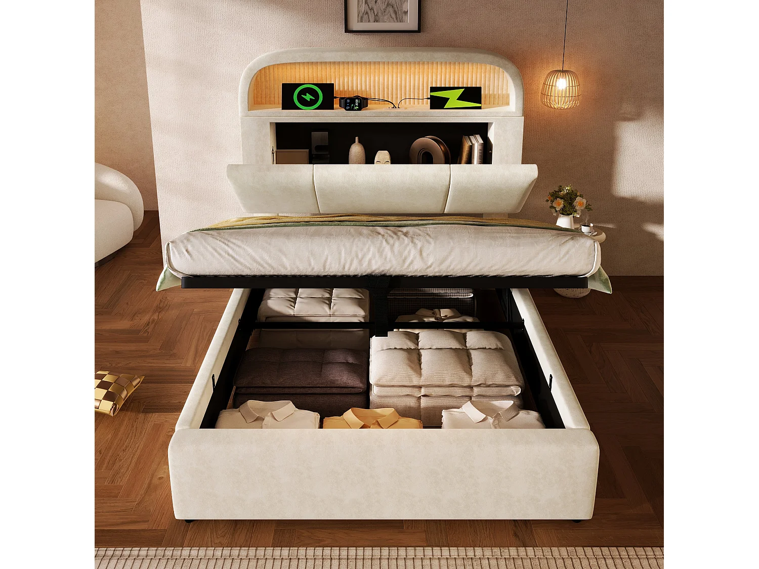 Lit double capitonné 140x190 cm, velours beige, avec LED télécommandé, 3 ports USB et Type-C, rangement hydraulique, sans matelas