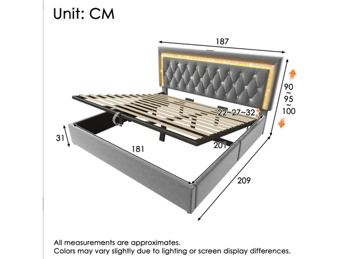Lit double capitonné 180x200 cm, velours gris, avec LED diamant, ports USB et Type-C, tête de lit réglable, rangement hydraulique, sans matelas