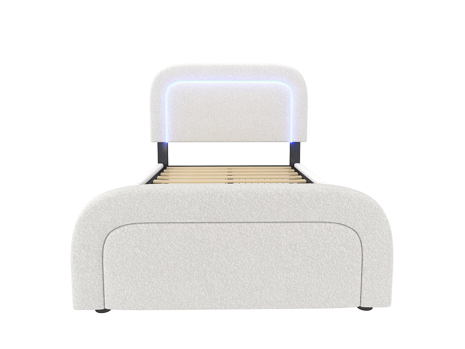 Lit double capitonné 140x200 cm, sherpa blanc, avec LED, ports USB et Type-C, rangement à 2 tiroirs, sans matelas