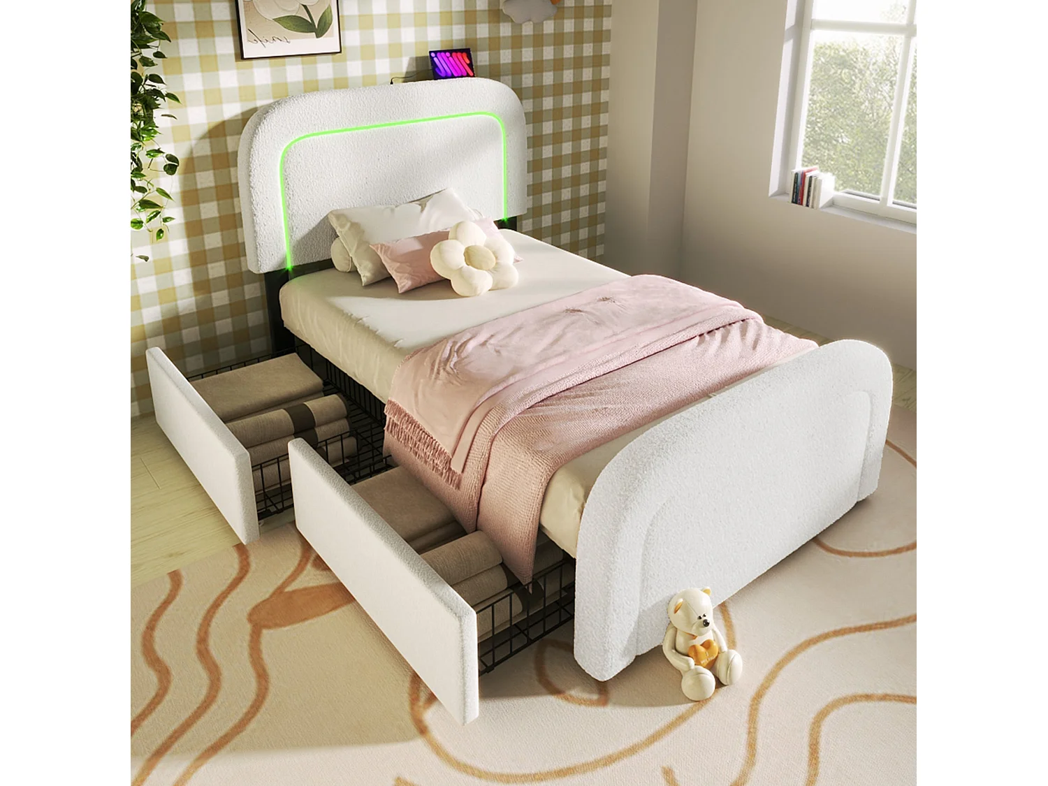 Lit double capitonné 140x200 cm, sherpa blanc, avec LED, ports USB et Type-C, rangement à 2 tiroirs, sans matelas