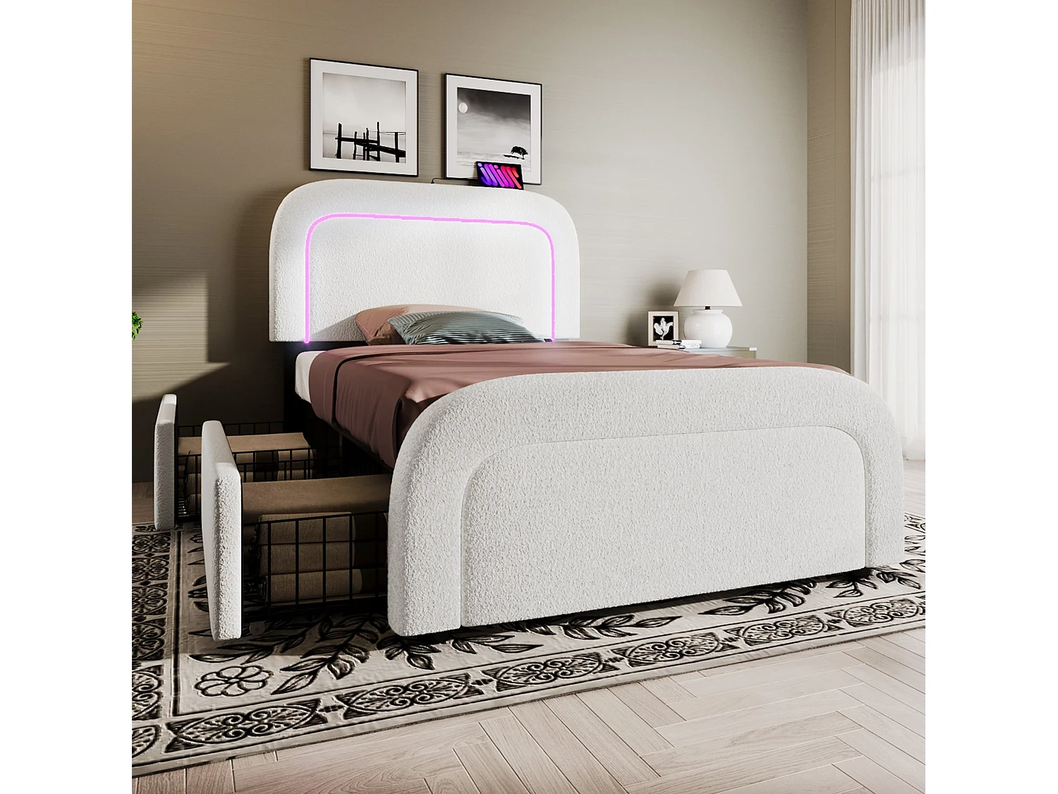 Lit double capitonné 140x200 cm, sherpa blanc, avec LED, ports USB et Type-C, rangement à 2 tiroirs, sans matelas