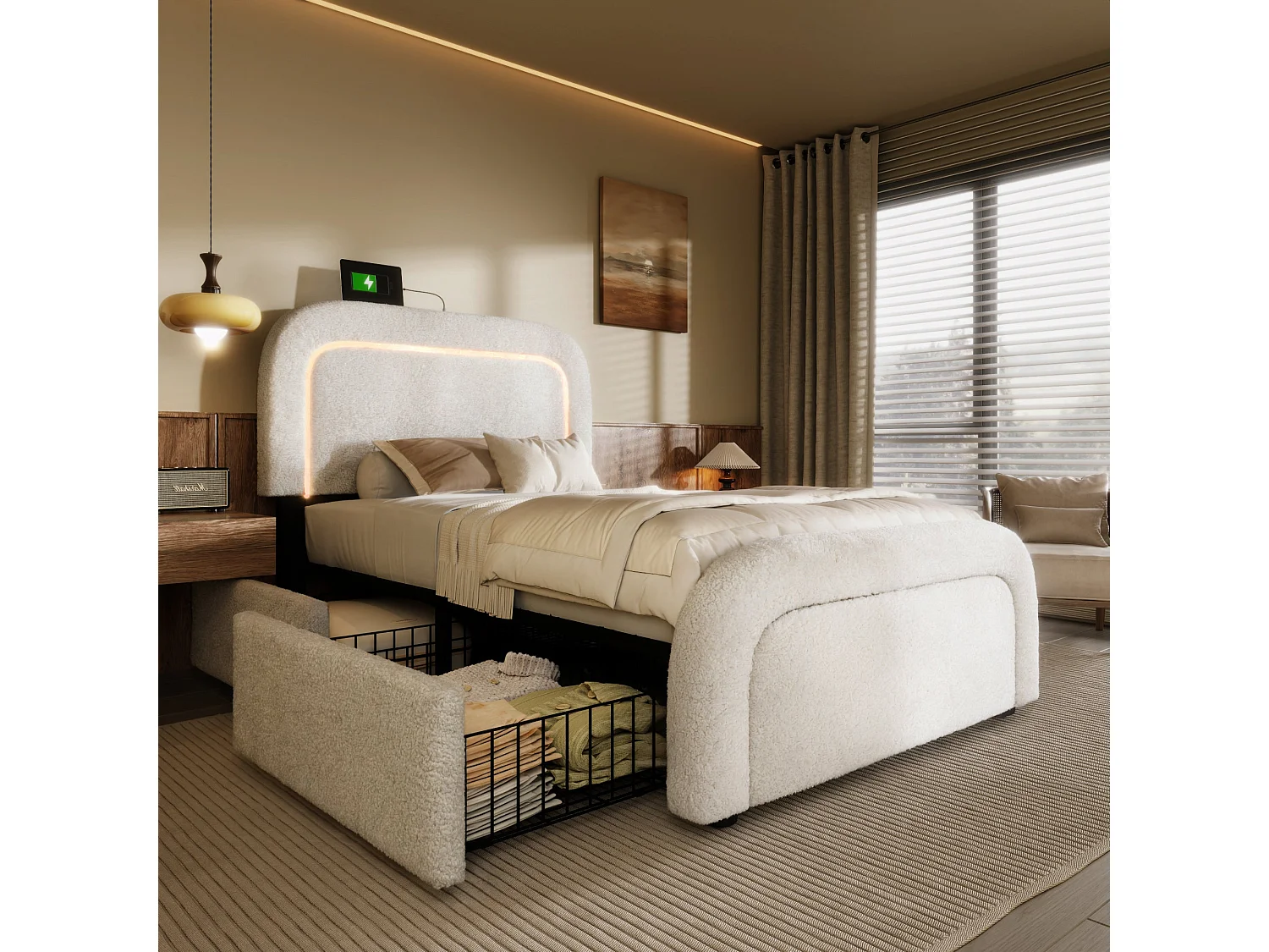 Lit double capitonné 140x200 cm, sherpa blanc, avec LED, ports USB et Type-C, rangement à 2 tiroirs, sans matelas