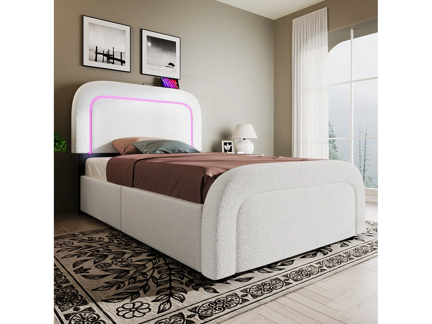 Lit double capitonné 140x200 cm, sherpa blanc, avec LED, ports USB et Type-C, rangement à 2 tiroirs, sans matelas