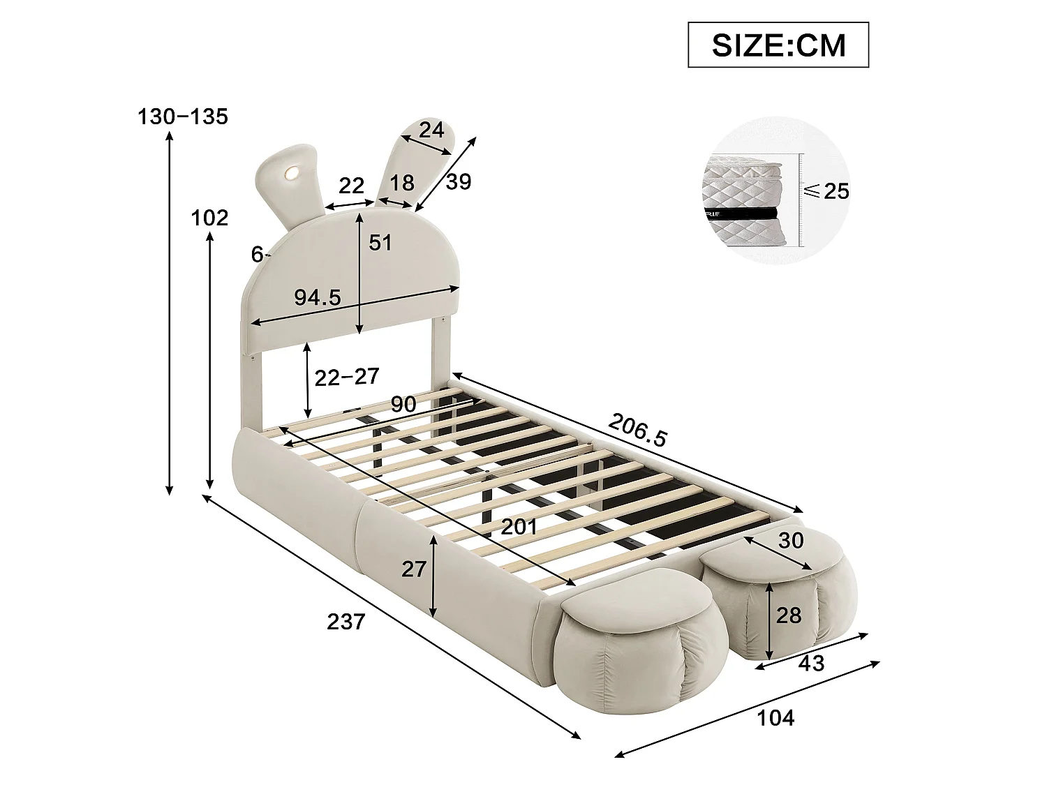 Lit enfant 90x200 cm, velours beige, avec oreilles de lapin LED, 2 tabourets de rangement, tête de lit réglable, sans matelas