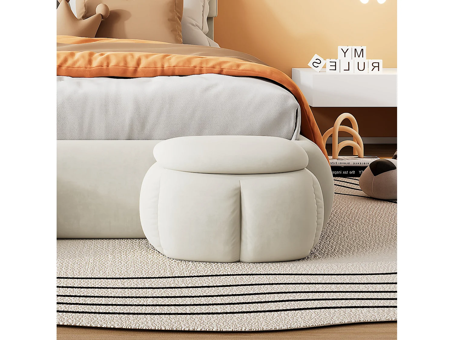 Lit enfant 90x200 cm, velours beige, avec oreilles de lapin LED, 2 tabourets de rangement, tête de lit réglable, sans matelas