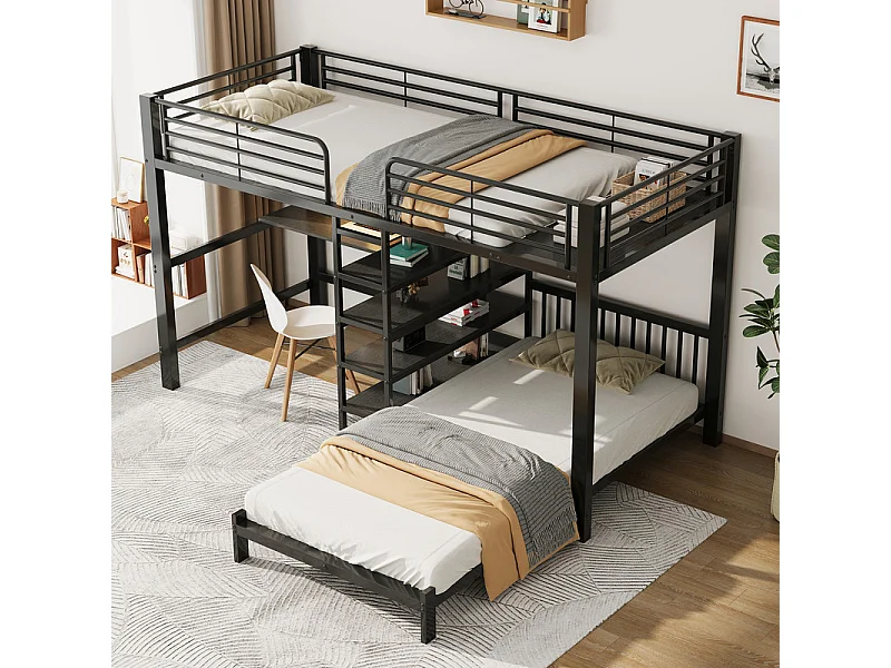 Lit superposé 90x200cm avec bureau, étagère en escalier, double prise avec interface USB et Type-C, Noir