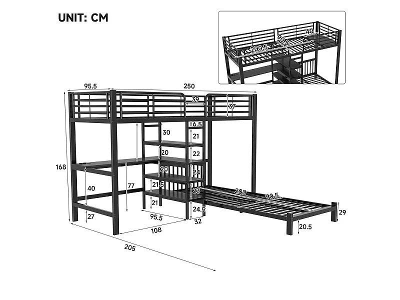 Lit superposé 90x200cm avec bureau, étagère en escalier, double prise avec interface USB et Type-C, Noir