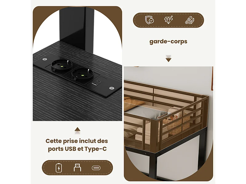 Lit superposé 90x200cm avec bureau, étagère en escalier, double prise avec interface USB et Type-C, Noir