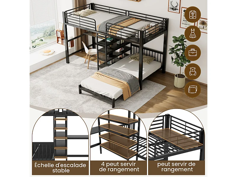 Lit superposé 90x200cm avec bureau, étagère en escalier, double prise avec interface USB et Type-C, Noir