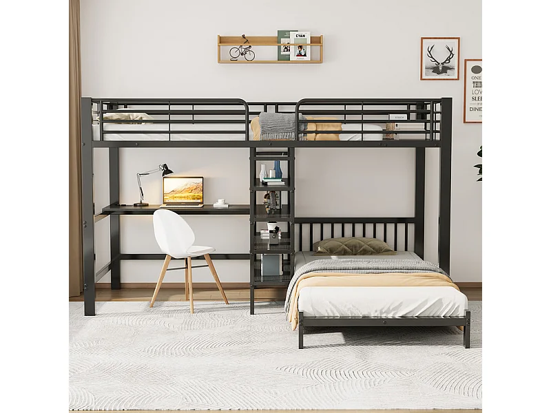 Lit superposé 90x200cm avec bureau, étagère en escalier, double prise avec interface USB et Type-C, Noir