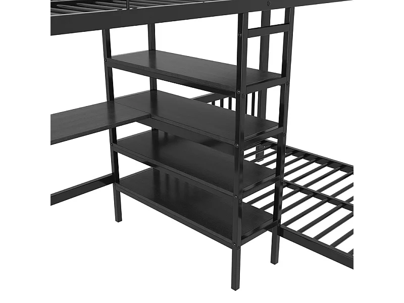 Lit superposé 90x200cm avec bureau, étagère en escalier, double prise avec interface USB et Type-C, Noir