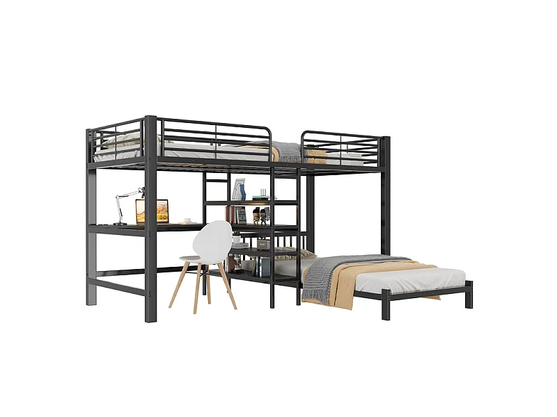 Lit superposé 90x200cm avec bureau, étagère en escalier, double prise avec interface USB et Type-C, Noir