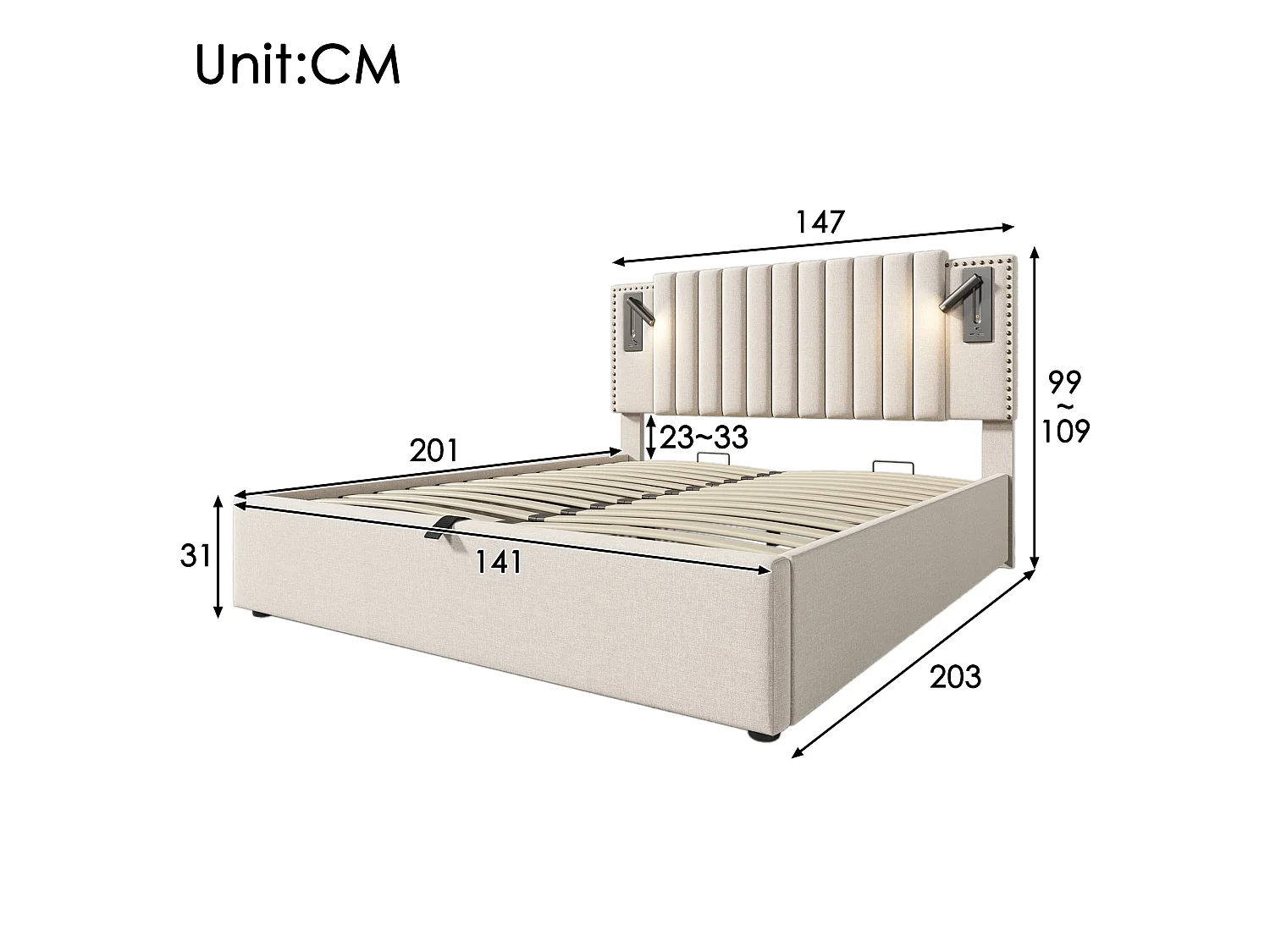 Lit double capitonné 140x200 cm, coton beige, avec lampe de lecture, ports USB et Type-C, rangement hydraulique, sans matelas