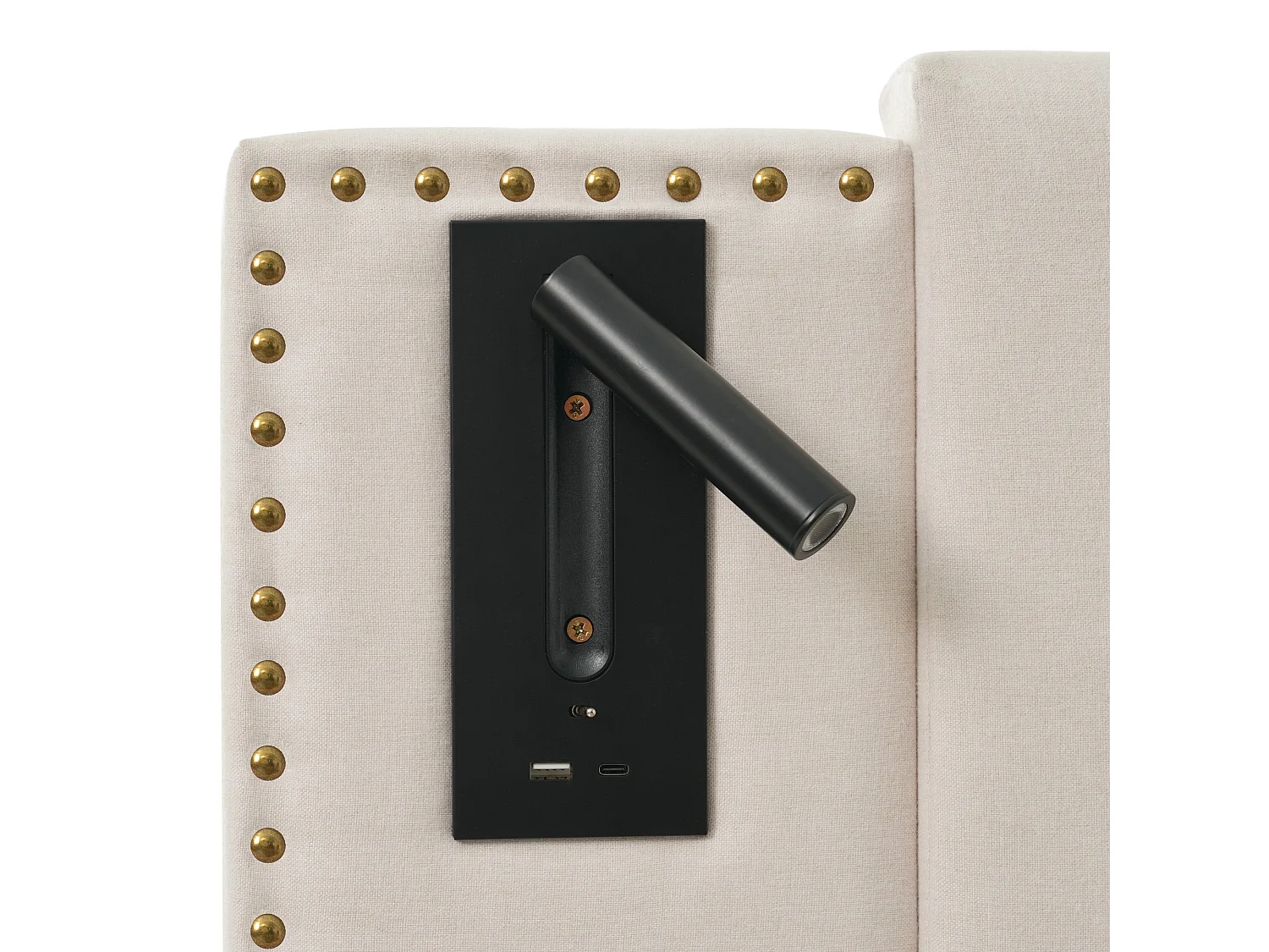 Lit double capitonné 140x200 cm, coton beige, avec lampe de lecture, ports USB et Type-C, rangement hydraulique, sans matelas