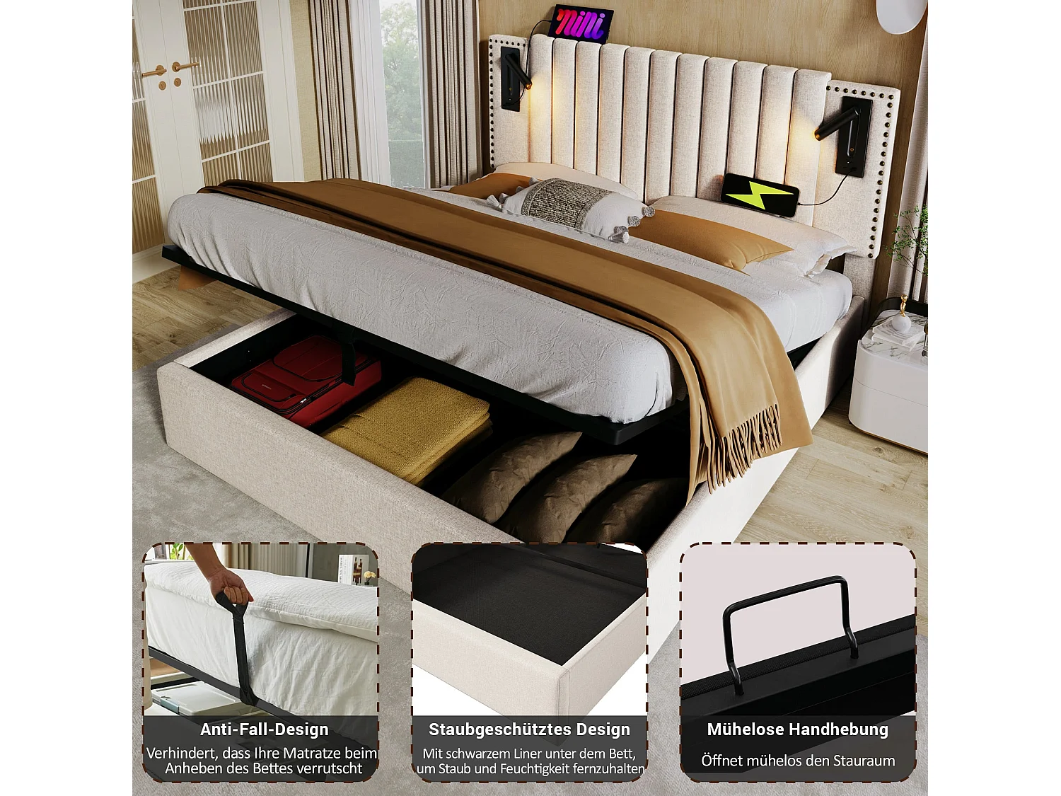 Lit double capitonné 140x200 cm, coton beige, avec lampe de lecture, ports USB et Type-C, rangement hydraulique, sans matelas