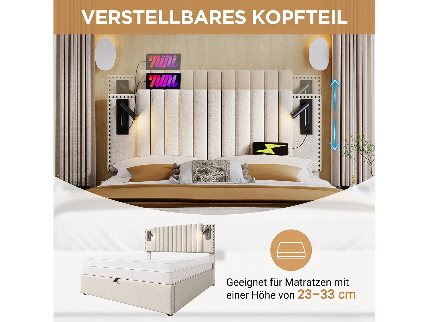 Lit double capitonné 140x200 cm, coton beige, avec lampe de lecture, ports USB et Type-C, rangement hydraulique, sans matelas