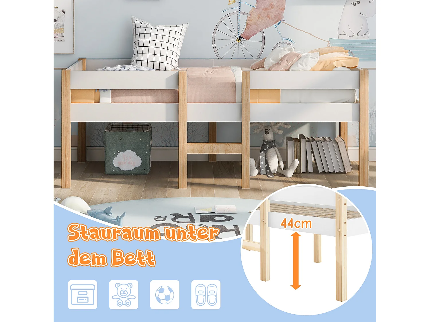 Lit enfant semi-haut 90x190 cm, bois massif blanc, avec barrière de sécurité et échelle, sans matelas