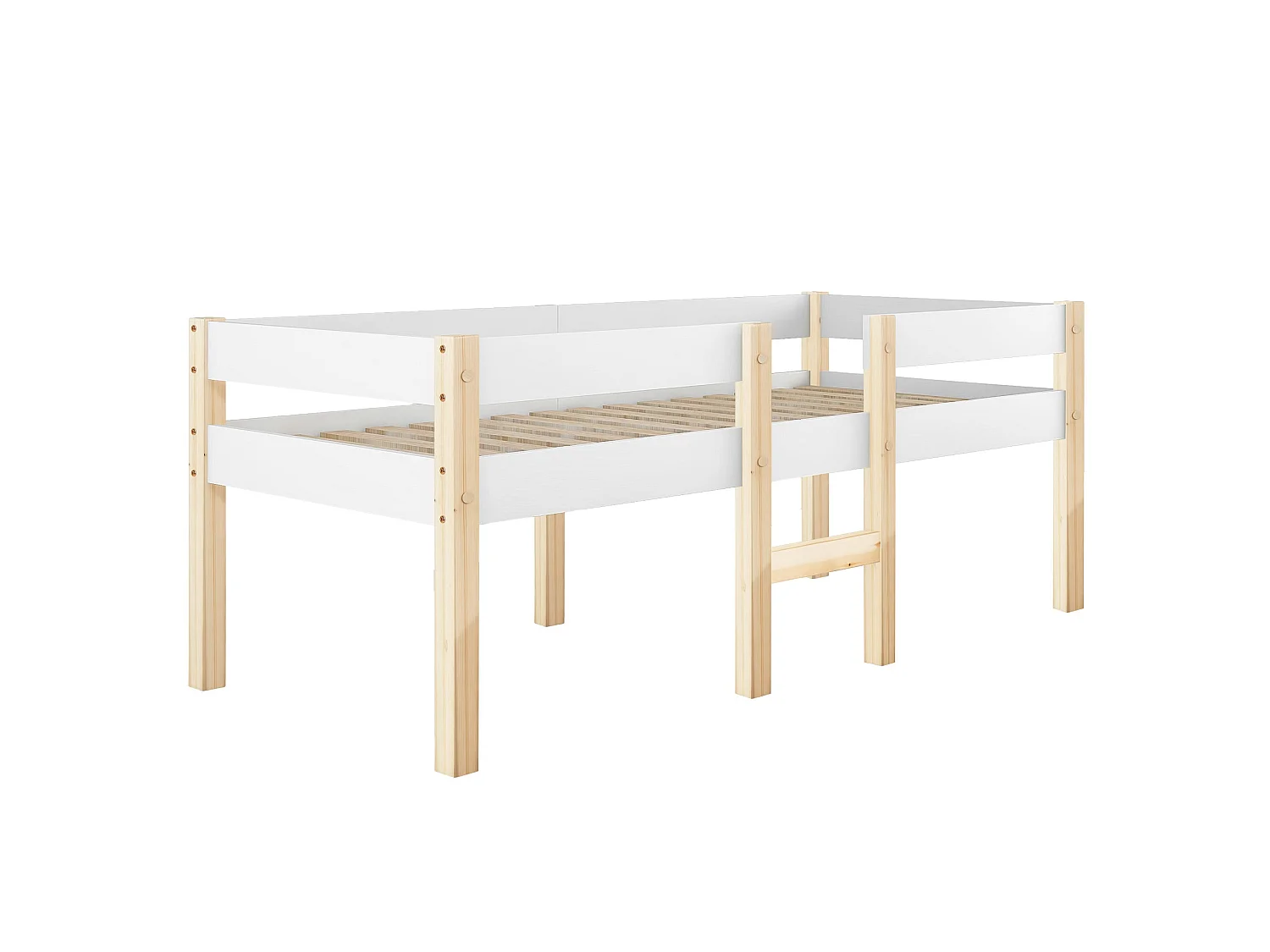 Lit enfant semi-haut 90x190 cm, bois massif blanc, avec barrière de sécurité et échelle, sans matelas