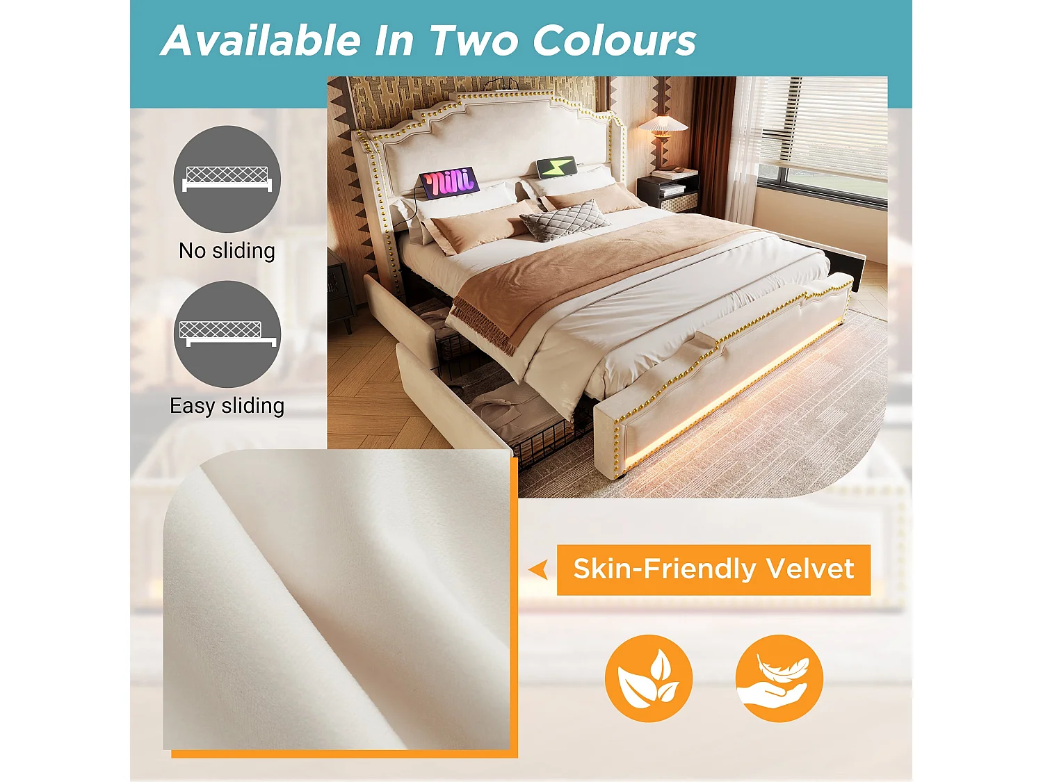 Lit double capitonné 180x200 cm, velours beige, avec LED, ports USB et Type-C, rangement à 4 tiroirs, sans matelas