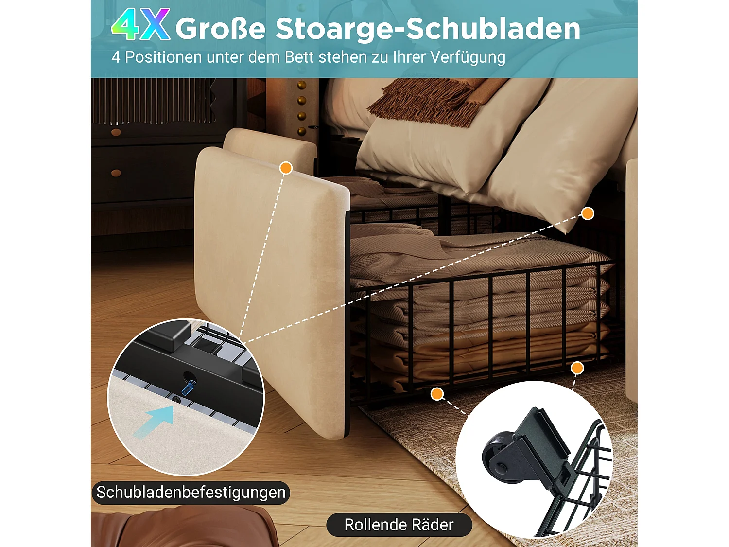 Lit double capitonné 180x200 cm, velours beige, avec LED, ports USB et Type-C, rangement à 4 tiroirs, sans matelas