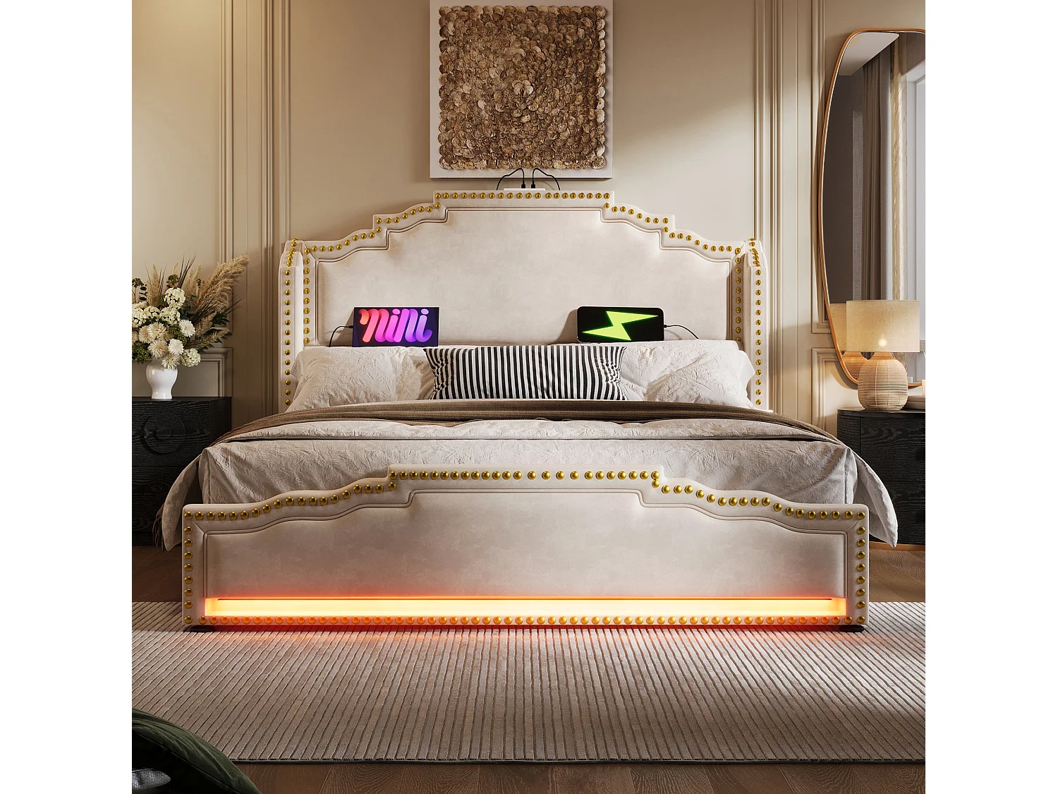 Lit double capitonné 180x200 cm, velours beige, avec LED, ports USB et Type-C, rangement à 4 tiroirs, sans matelas