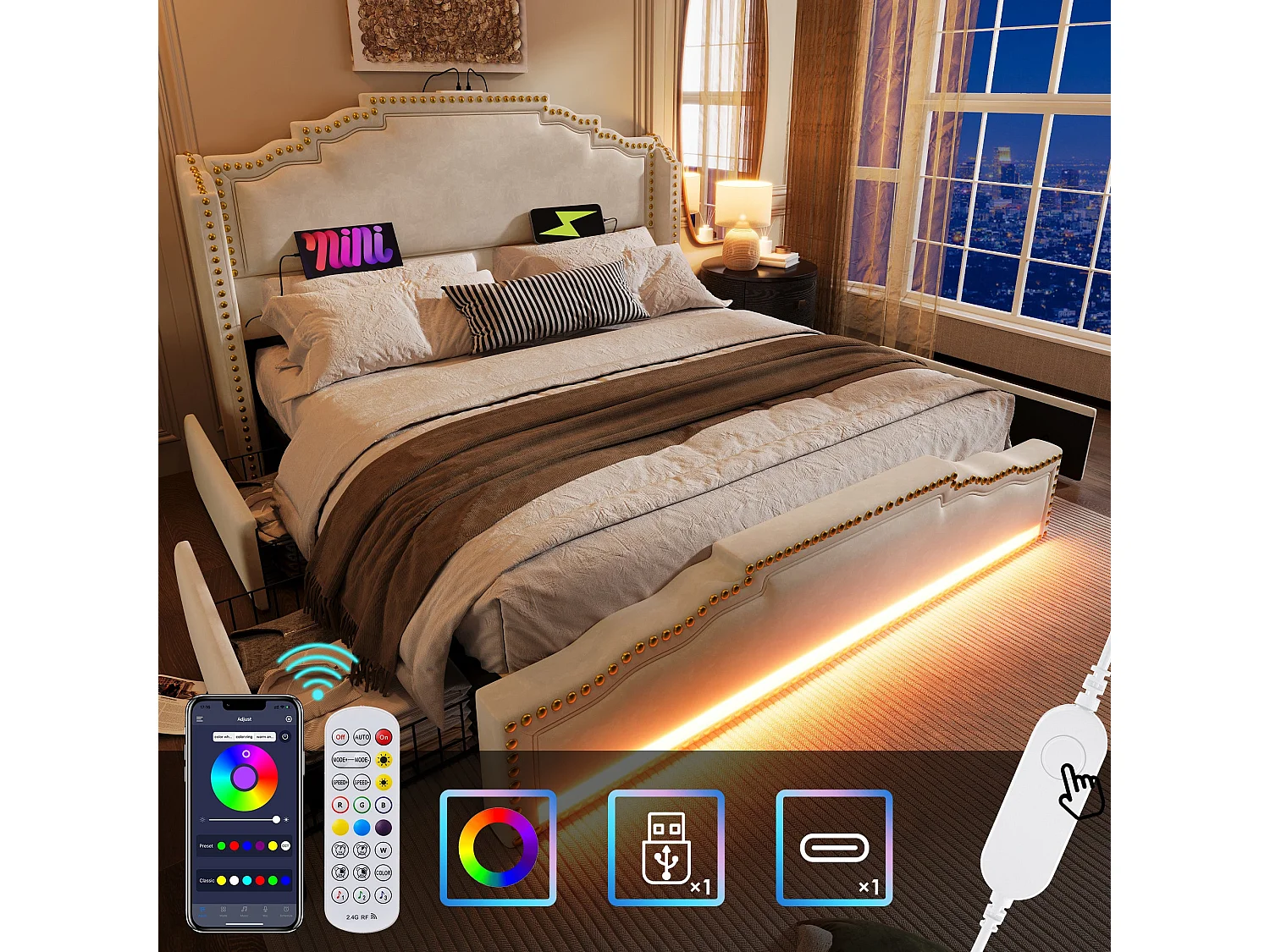 Lit double capitonné 180x200 cm, velours beige, avec LED, ports USB et Type-C, rangement à 4 tiroirs, sans matelas