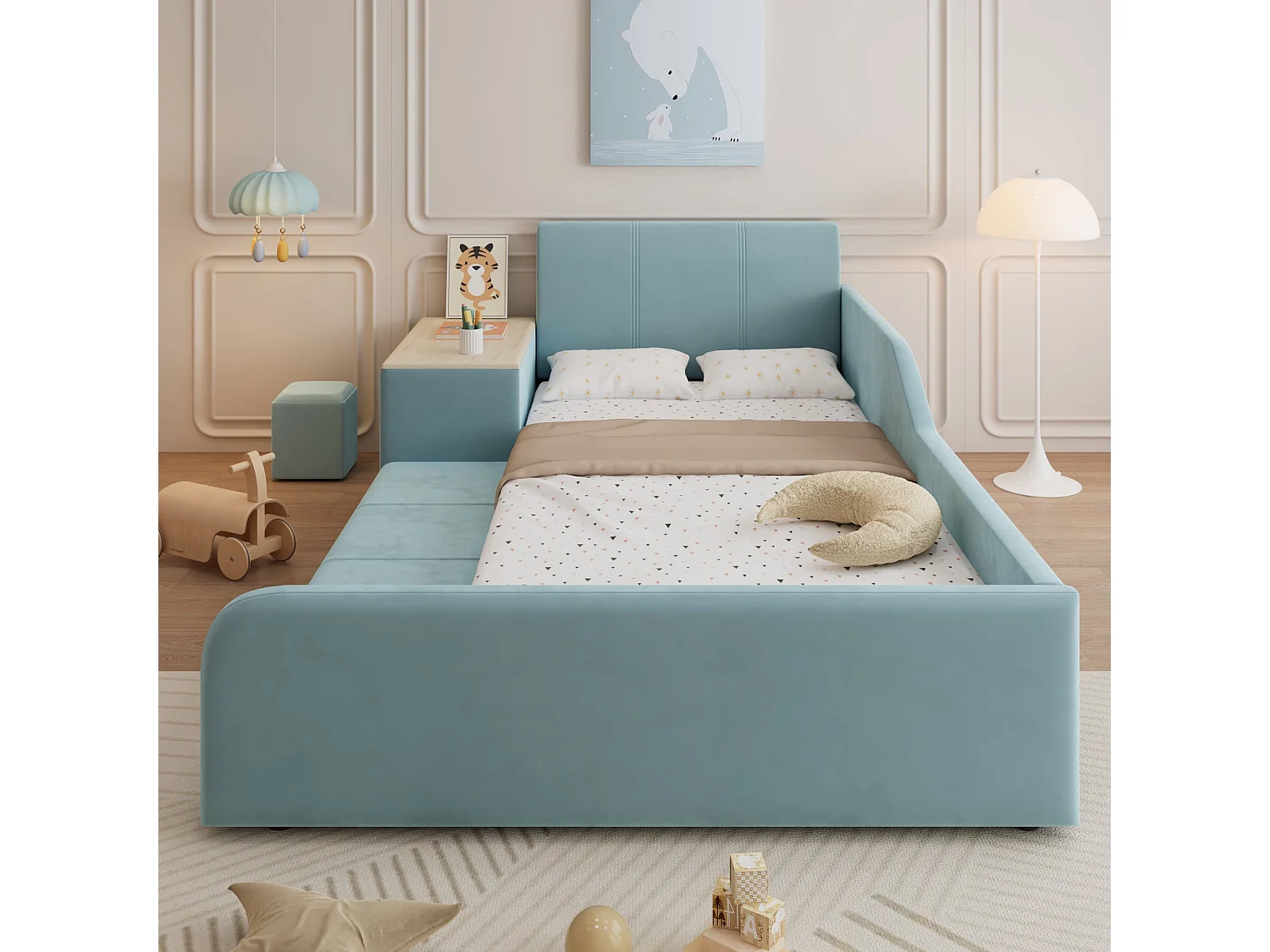 Lit enfant 90x200 cm, velours bleu, avec bureau, tabouret et rangement, sans matelas