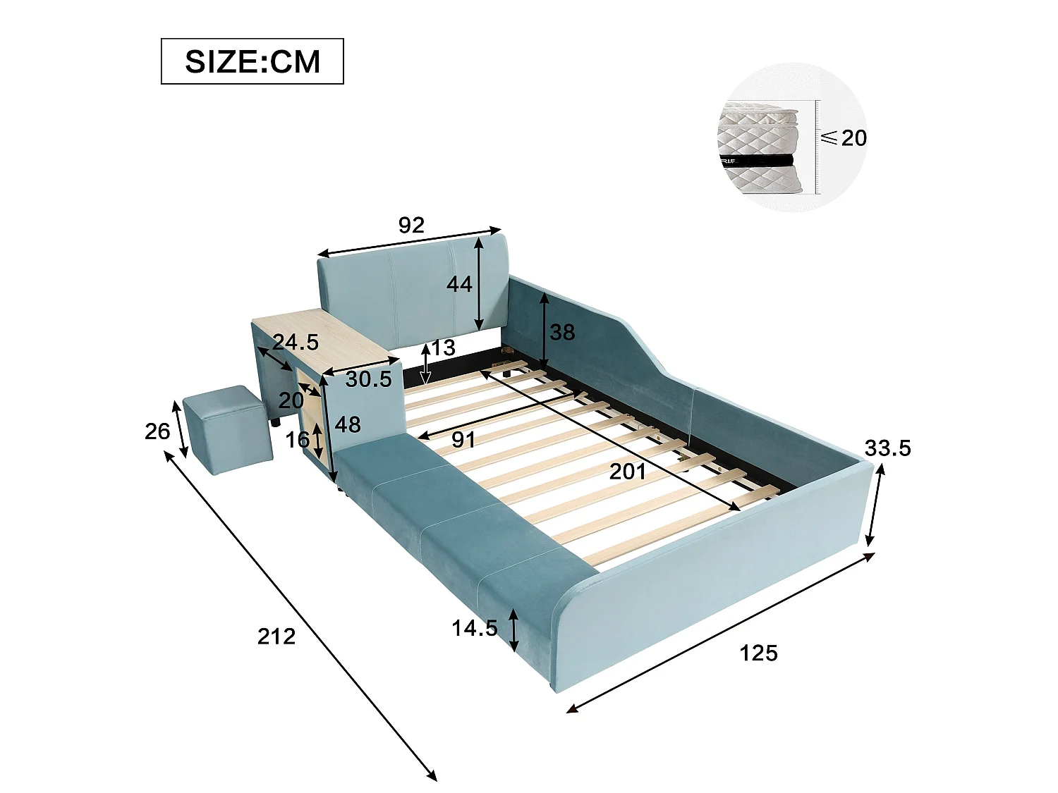 Lit enfant 90x200 cm, velours bleu, avec bureau, tabouret et rangement, sans matelas