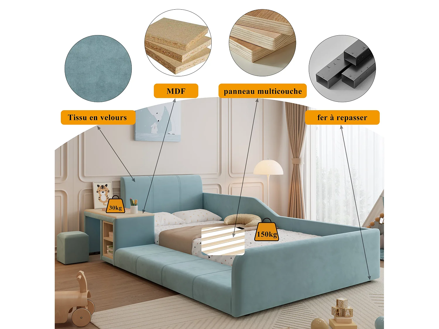 Lit enfant 90x200 cm, velours bleu, avec bureau, tabouret et rangement, sans matelas