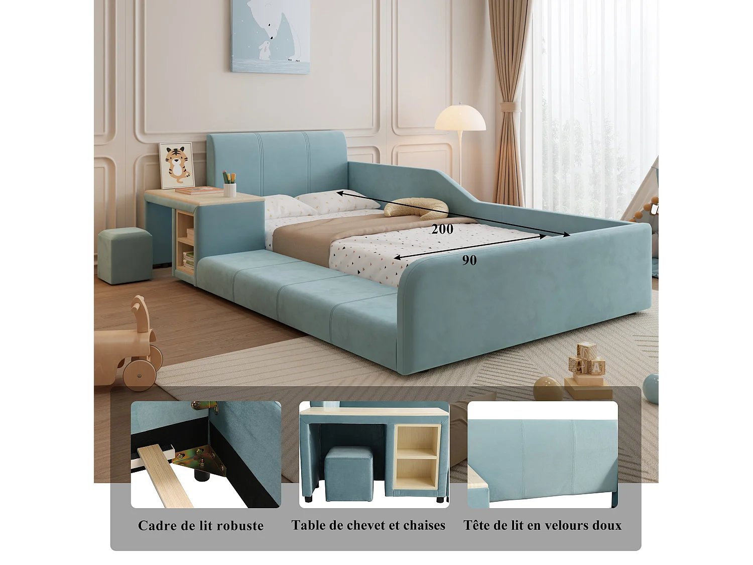 Lit enfant 90x200 cm, velours bleu, avec bureau, tabouret et rangement, sans matelas