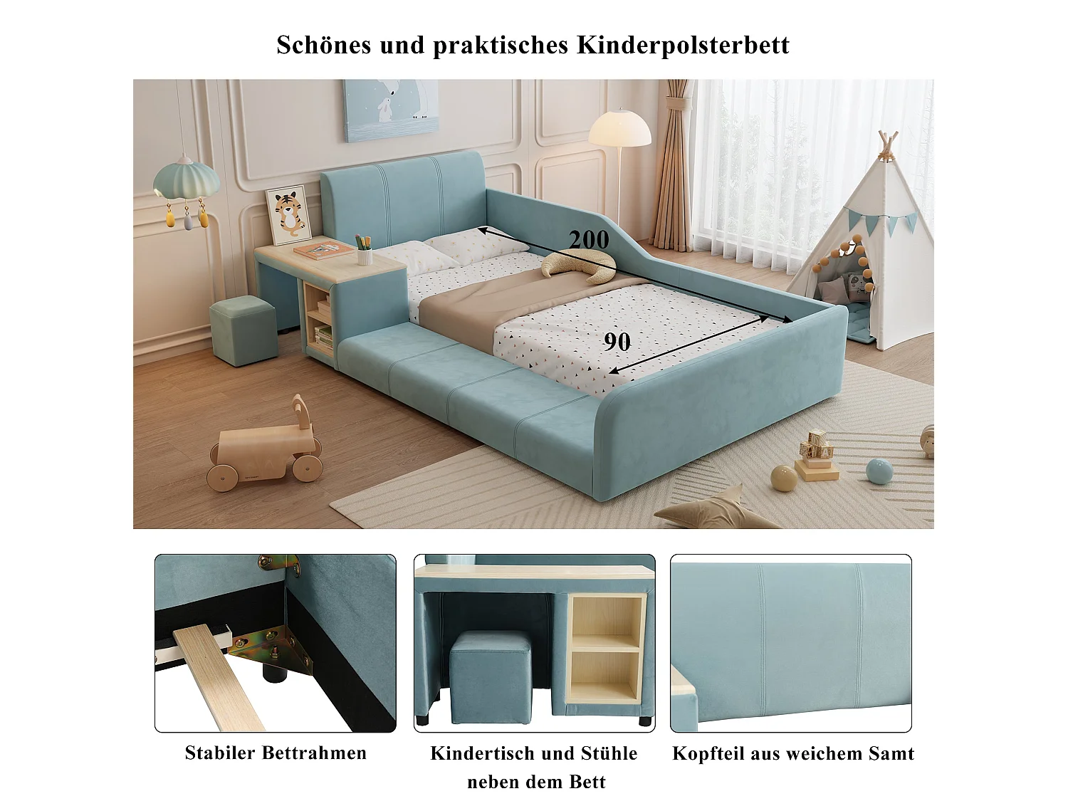 Lit enfant 90x200 cm, velours bleu, avec bureau, tabouret et rangement, sans matelas