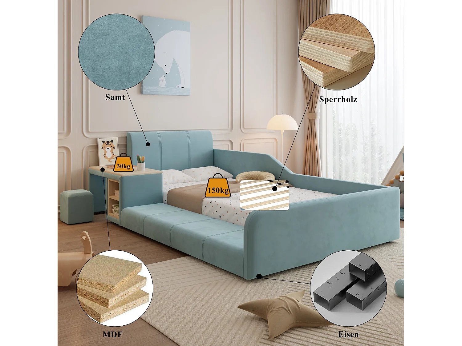 Lit enfant 90x200 cm, velours bleu, avec bureau, tabouret et rangement, sans matelas