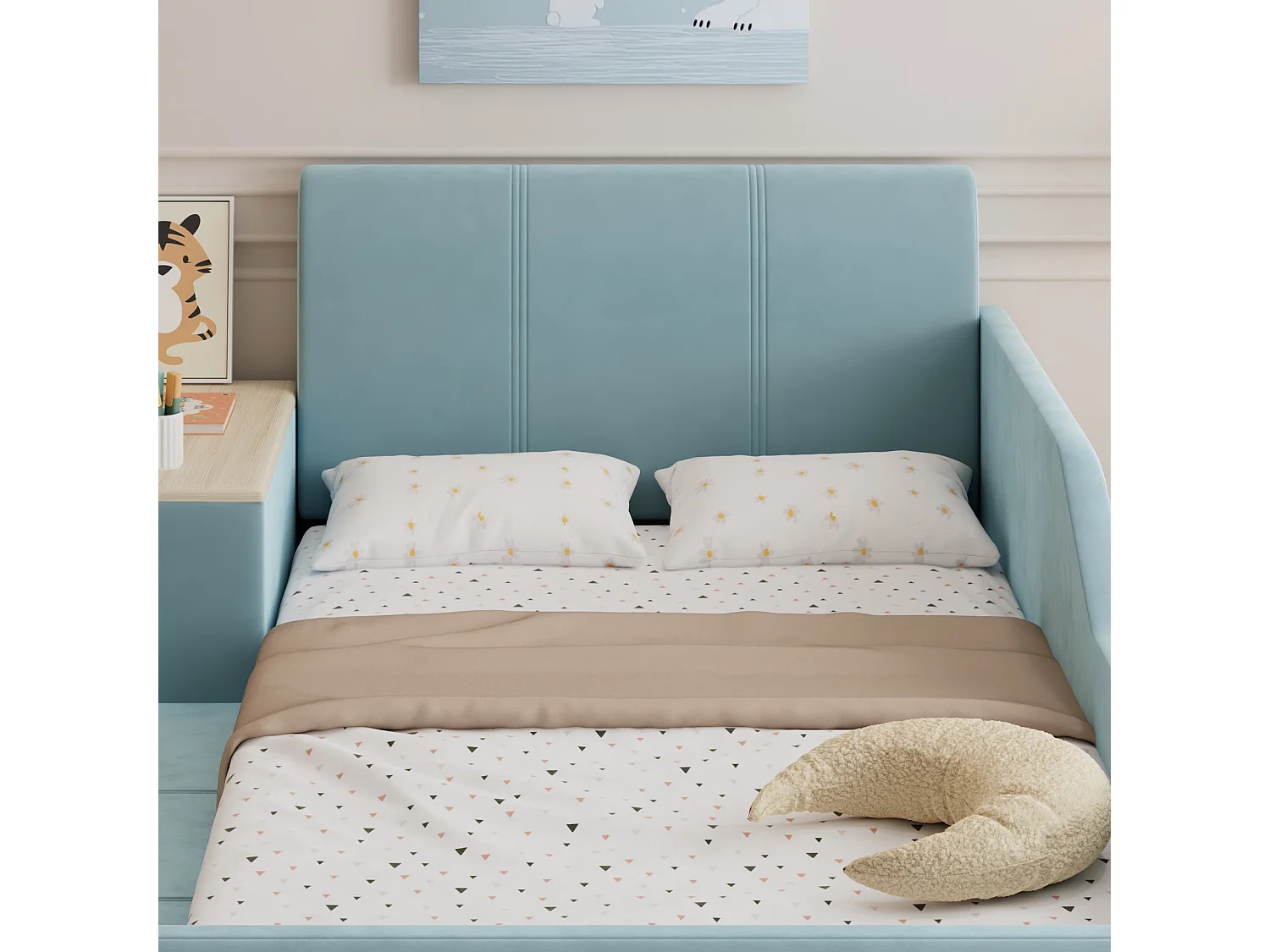 Lit enfant 90x200 cm, velours bleu, avec bureau, tabouret et rangement, sans matelas