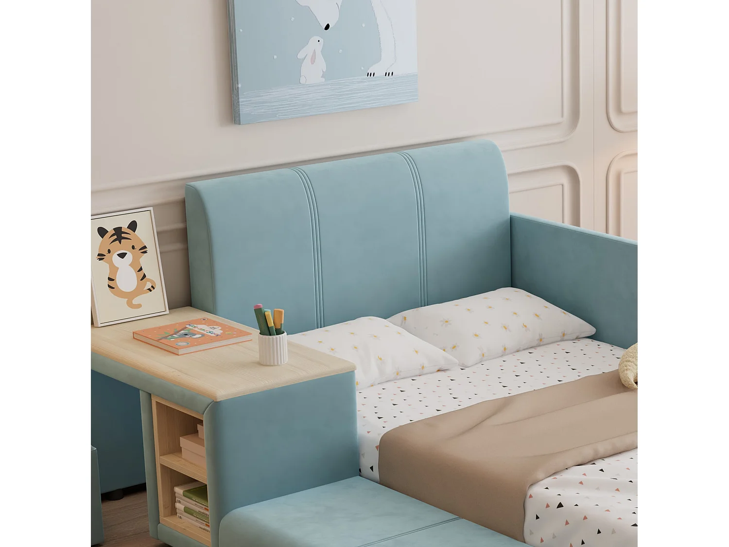 Lit enfant 90x200 cm, velours bleu, avec bureau, tabouret et rangement, sans matelas