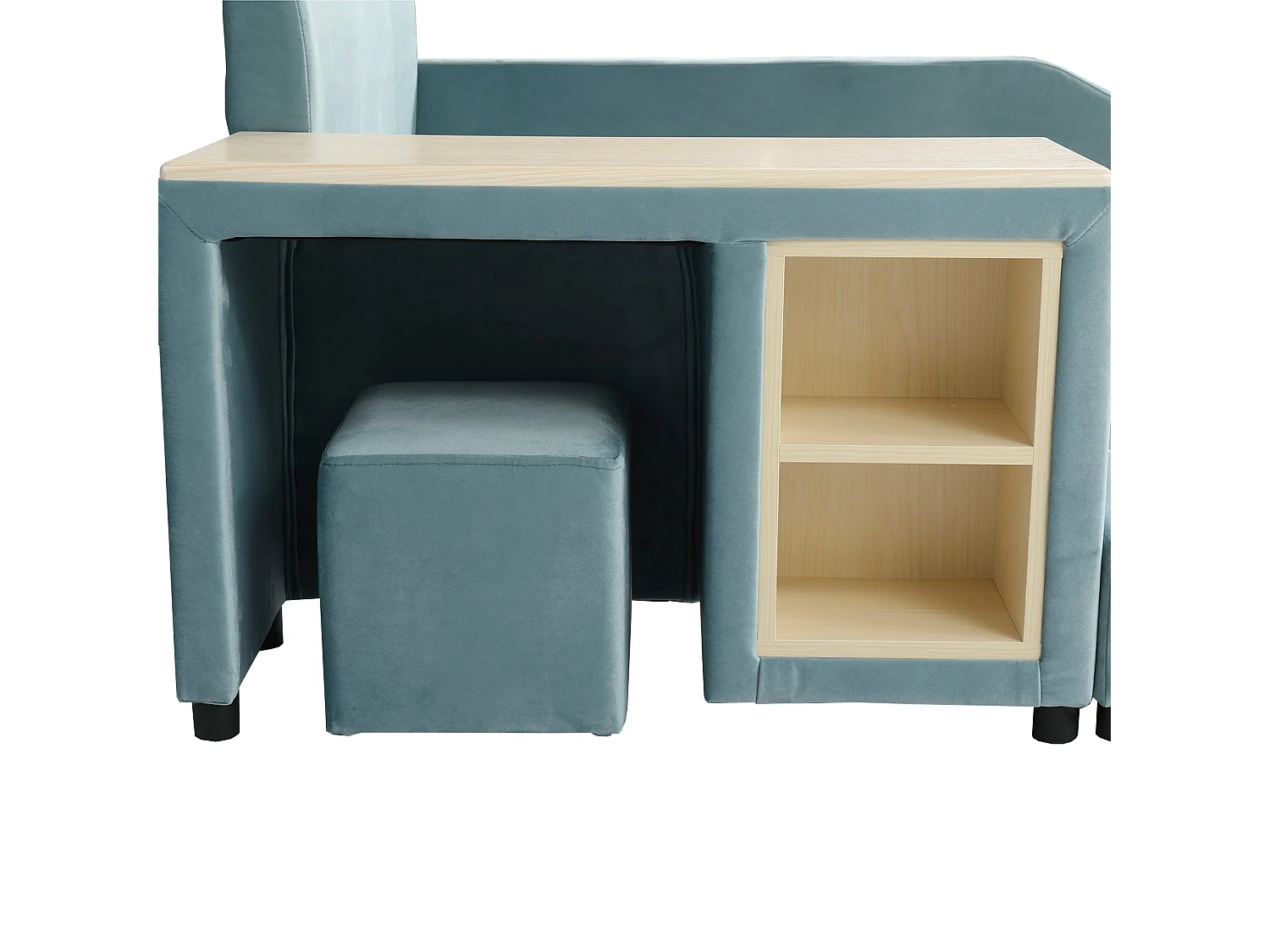 Lit enfant 90x200 cm, velours bleu, avec bureau, tabouret et rangement, sans matelas