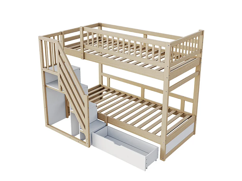 Lits superposés 2 x 90 x 200 cm - avec escalier et tiroir - Pin + Contreplaqué + MDF - Naturel + Blanc