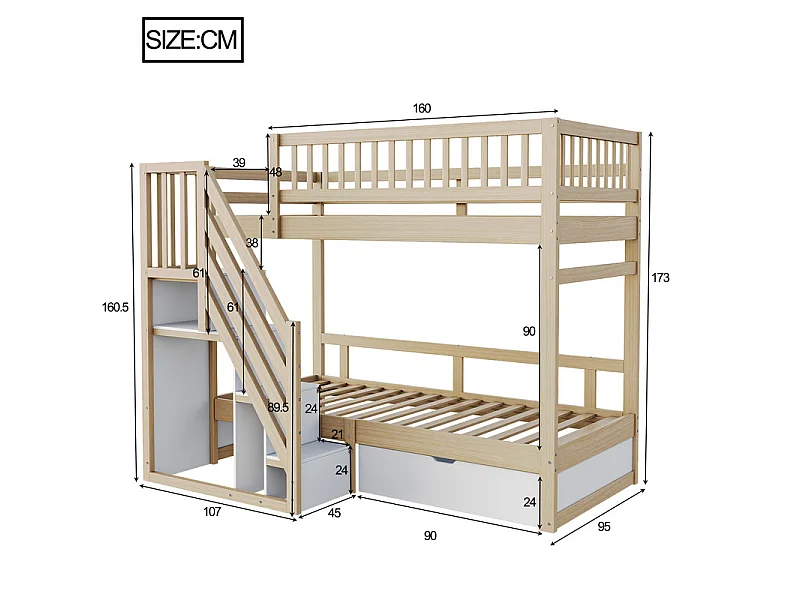 Lits superposés 2 x 90 x 200 cm - avec escalier et tiroir - Pin + Contreplaqué + MDF - Naturel + Blanc