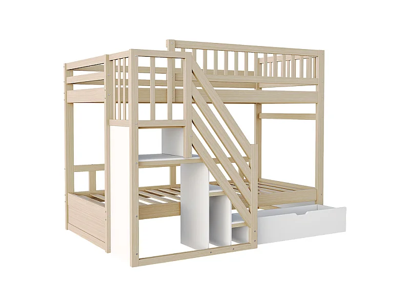 Lits superposés 2 x 90 x 200 cm - avec escalier et tiroir - Pin + Contreplaqué + MDF - Naturel + Blanc