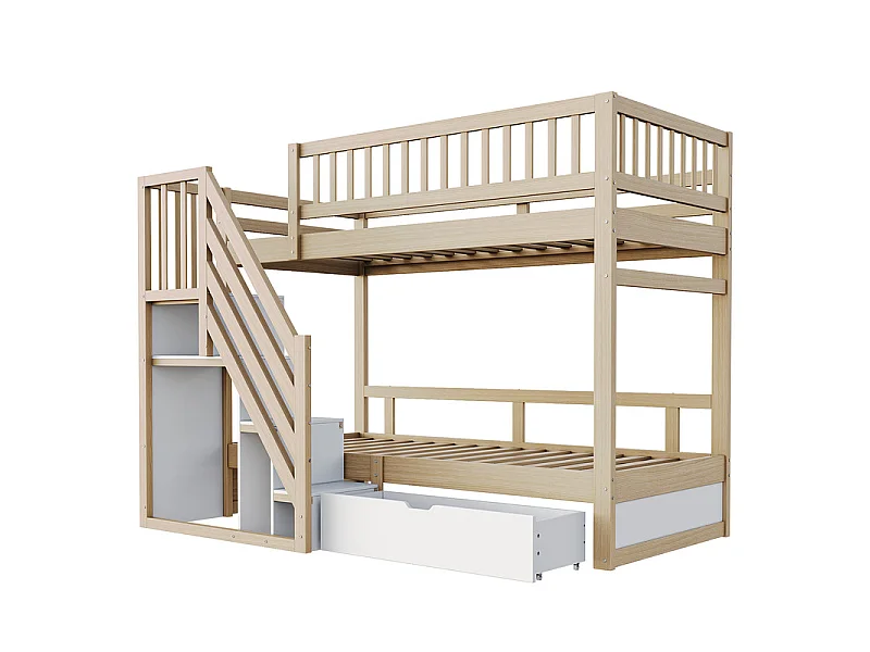 Lits superposés 2 x 90 x 200 cm - avec escalier et tiroir - Pin + Contreplaqué + MDF - Naturel + Blanc