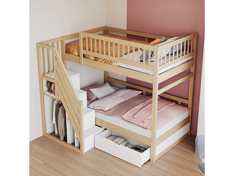 Lits superposés 2 x 90 x 200 cm - avec escalier et tiroir - Pin + Contreplaqué + MDF - Naturel + Blanc