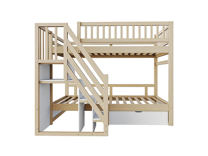 Lits superposés 2 x 90 x 200 cm - avec escalier et tiroir - Pin + Contreplaqué + MDF - Naturel + Blanc