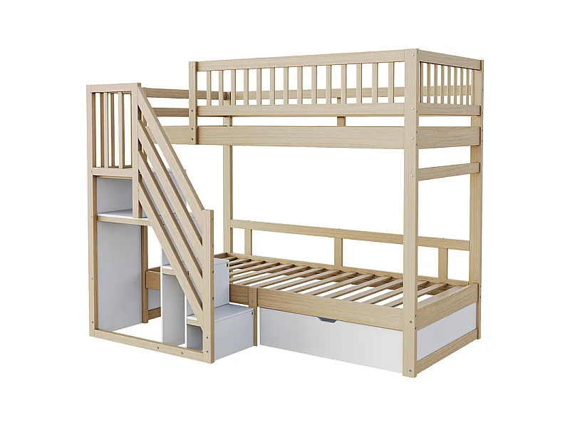 Lits superposés 2 x 90 x 200 cm - avec escalier et tiroir - Pin + Contreplaqué + MDF - Naturel + Blanc