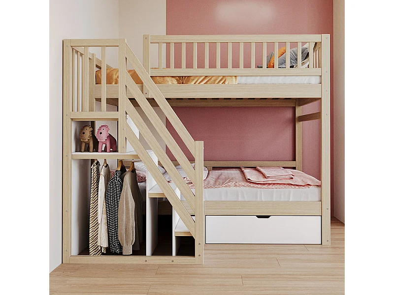 Lits superposés 2 x 90 x 200 cm - avec escalier et tiroir - Pin + Contreplaqué + MDF - Naturel + Blanc